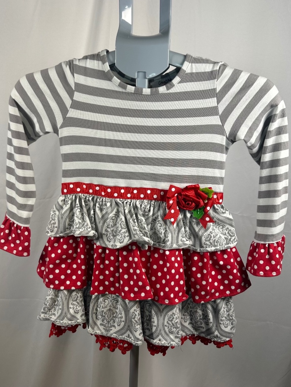 Counting Daisies Red, White and Gray Dress, Size 6X with Red Polkadot Tie